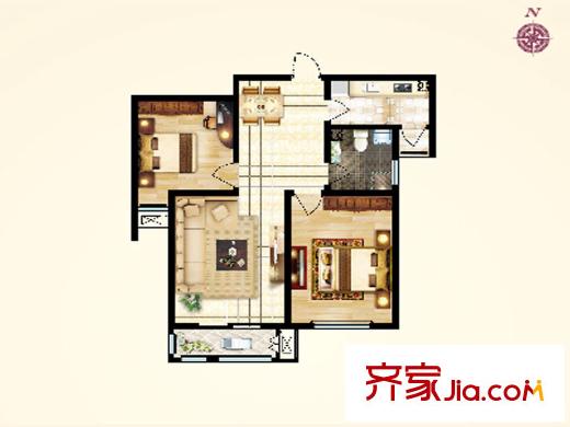 花溪畔高層標準層B戶型 2室2廳1衛(wèi)1廚
