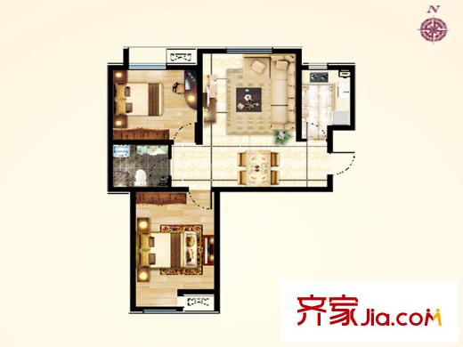 花溪畔高層標準層I戶型 2室2廳1衛(wèi)1廚