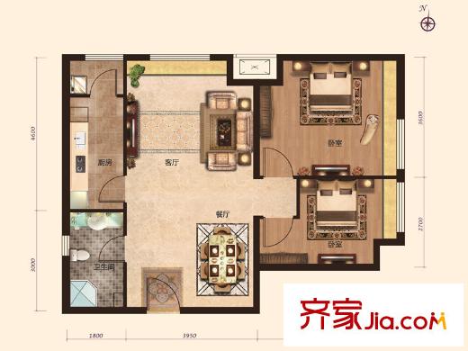瞰海品筑高層標準層0106戶型 2室2廳1衛(wèi)1廚