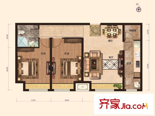 瞰海品筑高層標準層0304戶型 2室2廳1衛(wèi)1廚