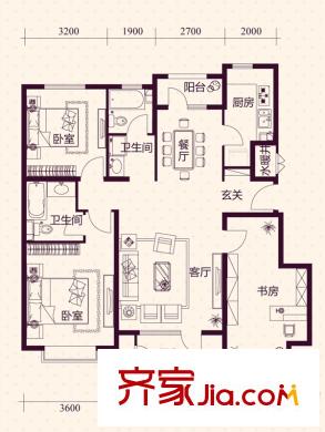 藍(lán)湖郡五層洋房標(biāo)準(zhǔn)層B1戶型 3室2廳2衛(wèi)1廚