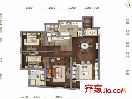 泰悅豪庭5號(hào)樓標(biāo)準(zhǔn)層2戶型 3室3廳3衛(wèi)1廚