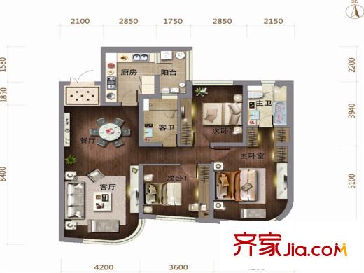 泰悅豪庭5號(hào)樓標(biāo)準(zhǔn)層3戶型 3室2廳2衛(wèi)1廚