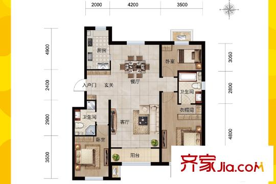 澤信金匯灣小高層10、12號(hào)樓標(biāo)準(zhǔn)層A3戶型 3室2廳2衛(wèi)1廚