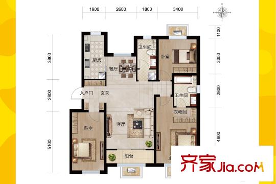 澤信金匯灣小高層11號(hào)樓標(biāo)準(zhǔn)層A4戶型 3室2廳2衛(wèi)1廚