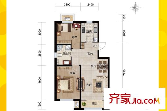 澤信金匯灣小高層1-5、8號(hào)樓標(biāo)準(zhǔn)層C1戶型 2室2廳1衛(wèi)1廚