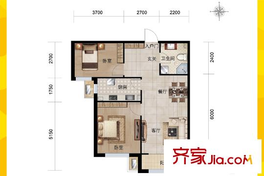 澤信金匯灣小高層14-16號(hào)樓標(biāo)準(zhǔn)層D2戶型 2室2廳1衛(wèi)1廚