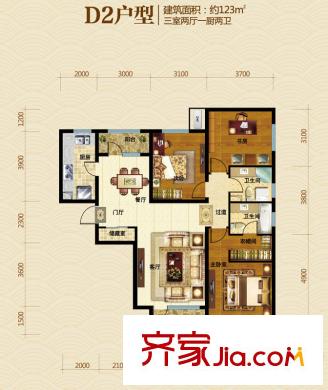 保利海棠灣一期高層標(biāo)準(zhǔn)層D2戶型 3室2廳2衛(wèi)1廚