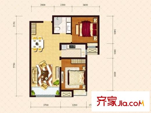 保利香頌湖小高層標(biāo)準(zhǔn)層E戶型 2室2廳1衛(wèi)1廚