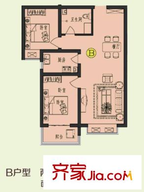 書香錦里洋房標準層B戶型 2室2廳1衛(wèi)1廚