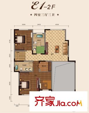 松江水岸唐寧別墅2、3號樓E戶型2層戶型圖 4室3廳3衛(wèi)1廚