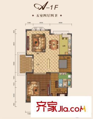 松江水岸唐寧別墅5-8、9-20、24號樓A戶型1層戶型圖 5室4廳4衛(wèi)1廚