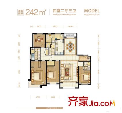 仁恒河濱花園二期高層13號(hào)樓1-27層01戶型 4室2廳3衛(wèi)1廚