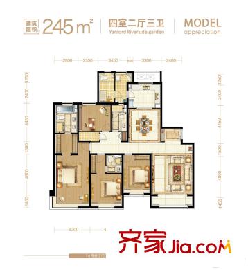 仁恒河濱花園二期高層14號(hào)樓1-23層01戶型 4室2廳3衛(wèi)1廚