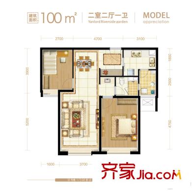 仁恒河濱花園二期高層12號(hào)樓3-27層02戶型 2室2廳1衛(wèi)1廚