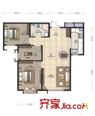 融創(chuàng)中心二期高層1、7、8號樓標(biāo)準(zhǔn)層H2戶型 3室2廳1衛(wèi)1廚
