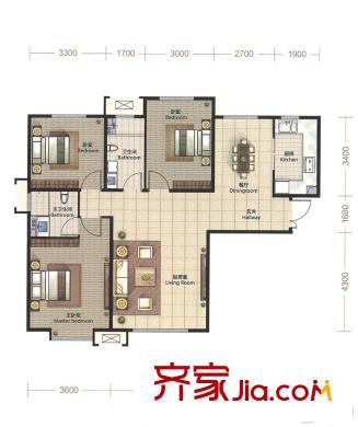 融創(chuàng)中心二期高層1號樓標(biāo)準(zhǔn)層M1戶型 3室2廳2衛(wèi)1廚