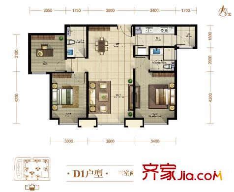 融創(chuàng)中心一期高層4、6號樓標(biāo)準(zhǔn)層D1戶型 3室2廳2衛(wèi)1廚