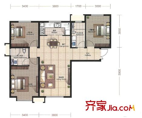 融創(chuàng)中心二期高層3、6號樓標(biāo)準(zhǔn)層F1戶型 3室2廳2衛(wèi)1廚