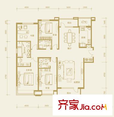 億城堂庭三期高層標(biāo)準(zhǔn)層J戶型 4室2廳3衛(wèi)1廚