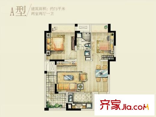 鴻意萬嘉戶型圖1#平層標(biāo)準(zhǔn)A戶型 2室2廳1衛(wèi)1廚
