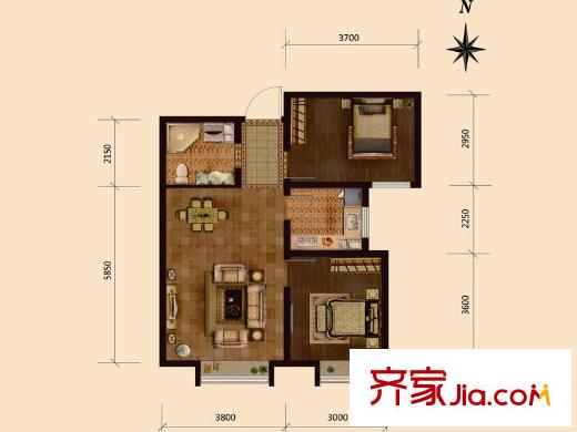 華潤橡樹灣三期小高層標(biāo)準(zhǔn)層兩室戶型 2室2廳1衛(wèi)1廚