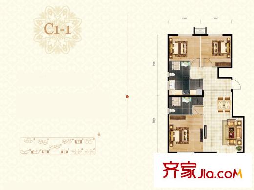 楓丹天城小高層標準層C1-1-01戶型 3室2廳2衛(wèi)1廚