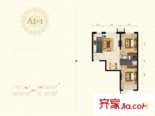 楓丹天城小高層標準層A1-1-01戶型 2室2廳1衛(wèi)1廚