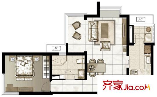 遠(yuǎn)雄蘭苑一期高層標(biāo)準(zhǔn)層A1戶型 1室2廳1衛(wèi)