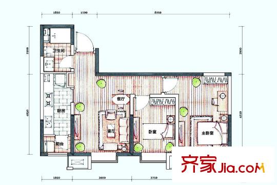 新梅江錦秀里高層3、9標(biāo)準(zhǔn)層A-03戶型 2室2廳1衛(wèi)1廚