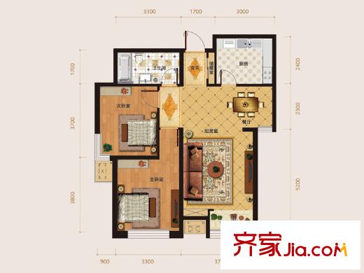 璽岳3、5、8-11、13、15號樓標(biāo)準(zhǔn)層B戶型圖 2室2廳1衛(wèi)1廚