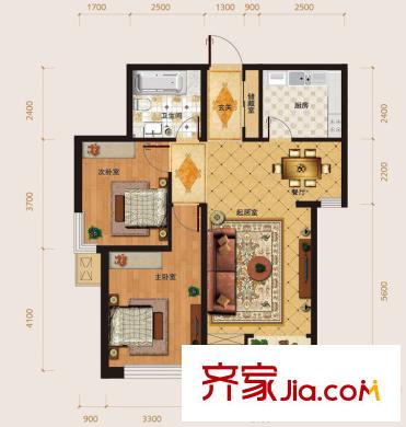 璽岳14號樓標(biāo)準(zhǔn)層B1戶型圖 2室2廳1衛(wèi)1廚