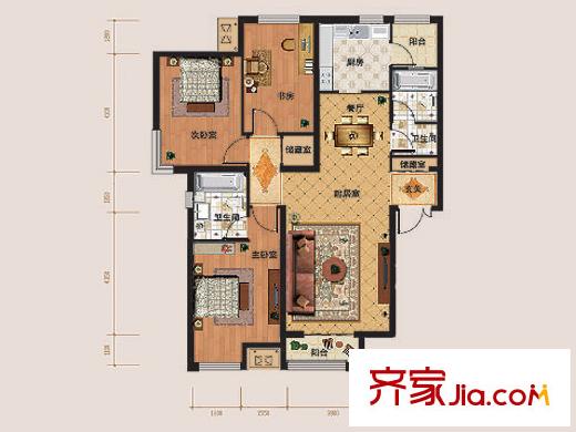 璽岳10、11號樓標(biāo)準(zhǔn)層C1戶型圖 3室2廳2衛(wèi)1廚