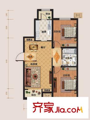 璽岳10、11號樓標(biāo)準(zhǔn)層D戶型圖 2室2廳1衛(wèi)1廚
