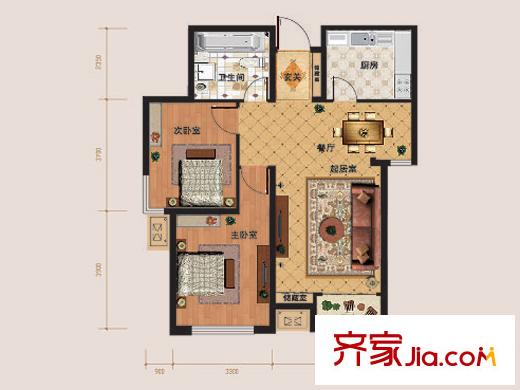 璽岳6、7號樓標(biāo)準(zhǔn)層B2戶型圖 2室2廳1衛(wèi)1廚