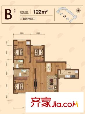 東方文化廣場高層標(biāo)準(zhǔn)層B戶型 3室2廳2衛(wèi)1廚