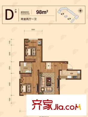 東方文化廣場高層標準層D戶型 2室2廳1衛(wèi)1廚
