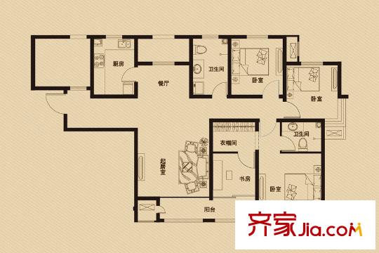 錢隆學(xué)府二期高層22號(hào)樓標(biāo)準(zhǔn)層E戶型 4室2廳2衛(wèi)1廚