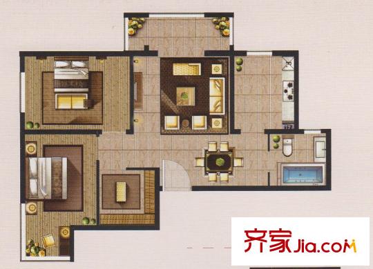 博雅公館2號樓標準層A戶型 2室2廳1衛(wèi)1廚