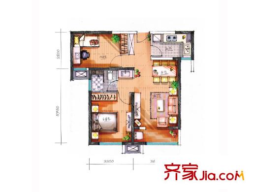 宜禾紅橡公園二期高層標(biāo)準(zhǔn)層HN1戶型 2室2廳1衛(wèi)1廚