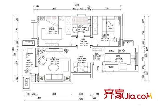 錦潤華庭洋房標準層兩室戶型 2室2廳1衛(wèi)1廚