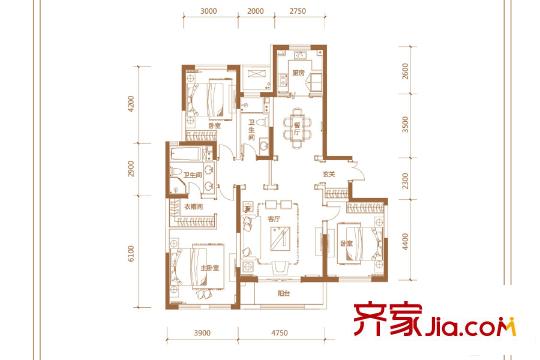 泰達(dá)MSD佰席2號樓標(biāo)準(zhǔn)層D2戶型 3室2廳2衛(wèi)1廚