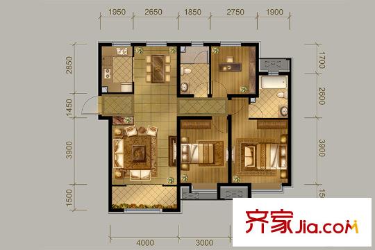 中冶德賢公館高層2、4、33號(hào)樓標(biāo)準(zhǔn)層D1戶型 3室2廳2衛(wèi)1廚