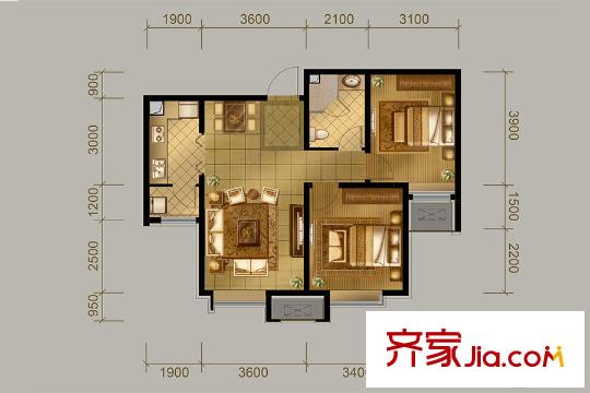 中冶德賢公館高層2、4、33號(hào)樓標(biāo)準(zhǔn)層A戶型 2室2廳1衛(wèi)1廚