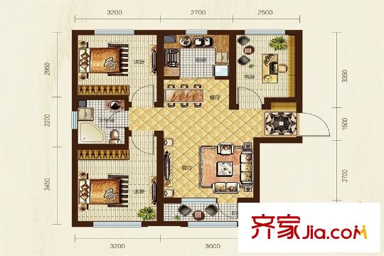 財富綠道丹庭高層10#、11#標準層A戶型 3室2廳1衛(wèi)1廚