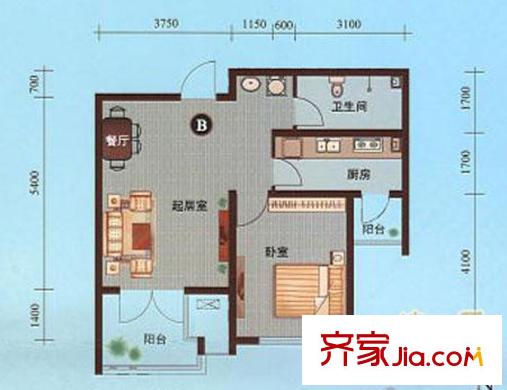 天房彩郡二期一期1-10號樓標(biāo)準(zhǔn)層B戶型 1室1廳1衛(wèi)1廚