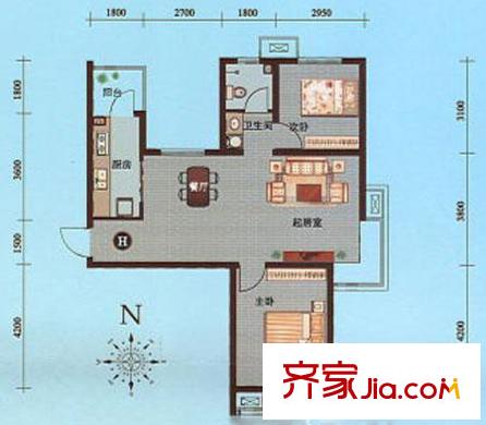 天房彩郡二期一期1-10號樓標(biāo)準(zhǔn)層H戶型 2室1廳1衛(wèi)1廚