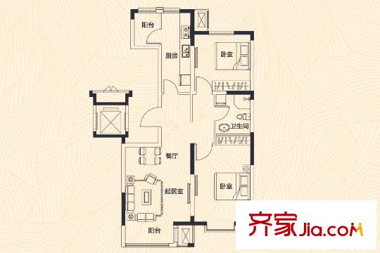 天物郁江溪岸洋房2-6號樓標準層E戶型 2室2廳1衛(wèi)