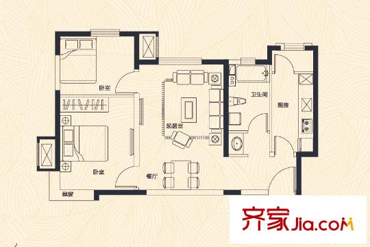 天物郁江溪岸高層1、7、8號(hào)樓標(biāo)準(zhǔn)層A戶(hù)型 2室2廳1衛(wèi)