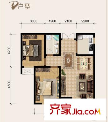 城廂公館一期洋房標(biāo)準(zhǔn)層D戶型 2室1廳1衛(wèi)1廚